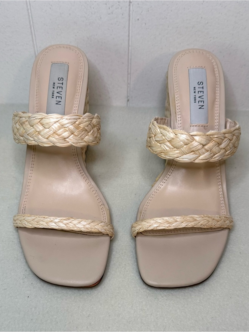 STEVE MADDEN (Steven New York) Cream Braided Raffia Strap Wedge Slides